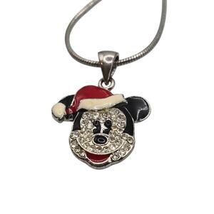Disney Mickey Mouse Christmas Necklace Santa Hat Pendant Silver Chain Jewelry
